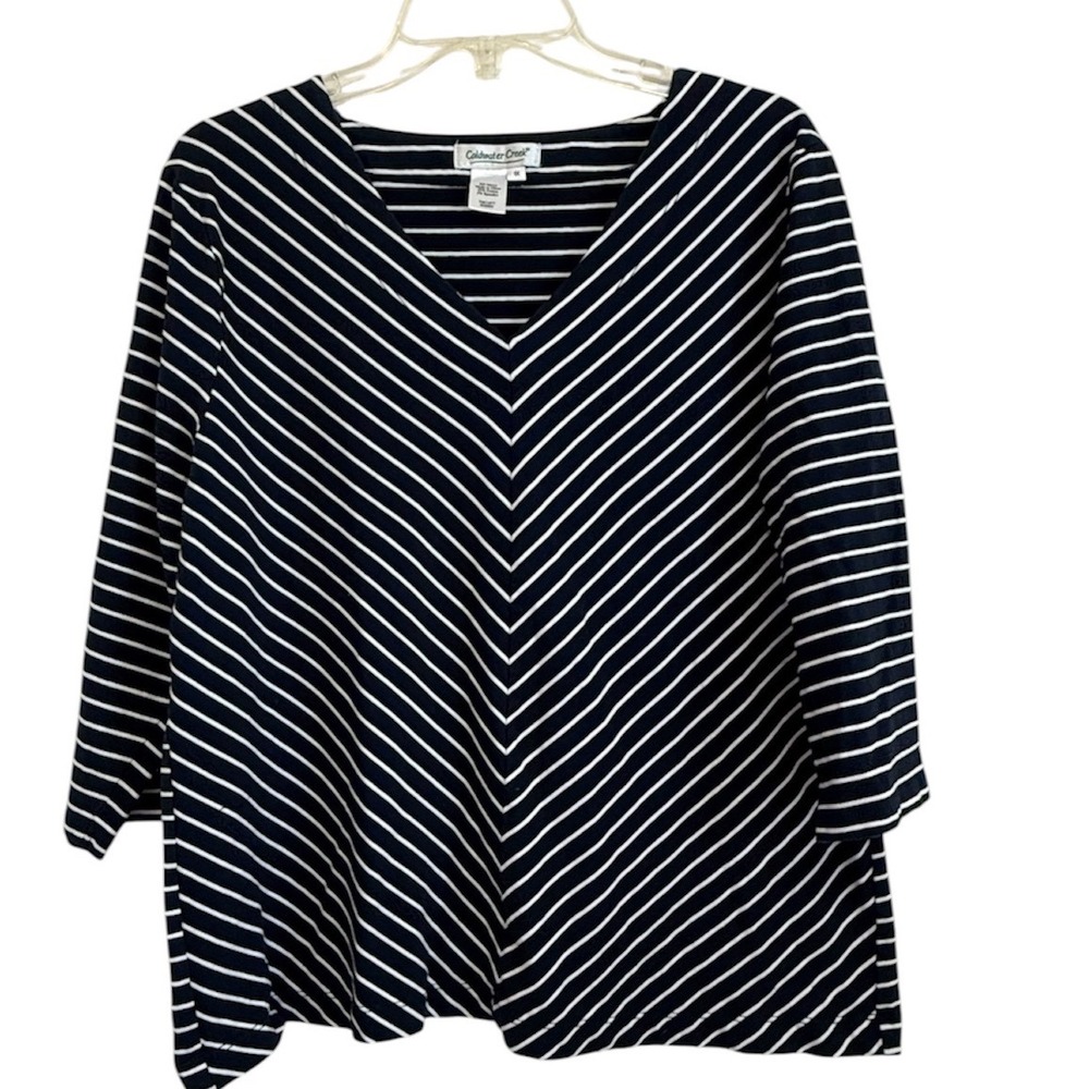 Coldwater Creek Navy White Striped V-Neck 3/4 Sleeve Top 1X Cotton Blend Chevron